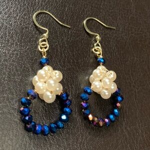 ⭐️2/$10 Glass Pearls Cluster Iridescent Blue Hoops Handcrafted Earrings